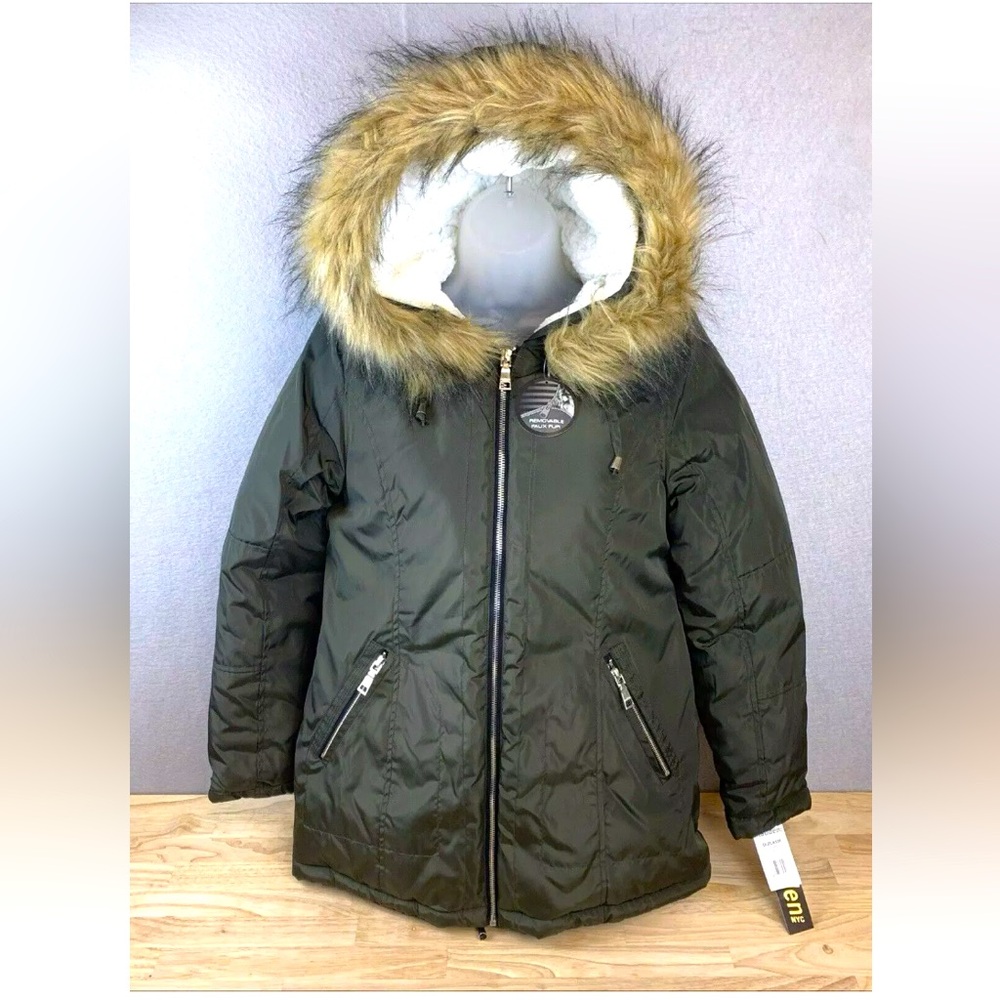 Madden NYC Olive Green Long Puffer Hooded Winter Coat Jacket Faux Fur Trim hood